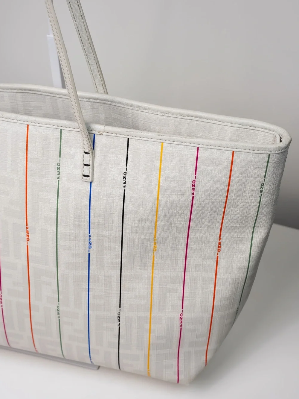 FENDI Zucca Spalmati Striped Large Roll Tote White Ivory Multicolor Archive 2012